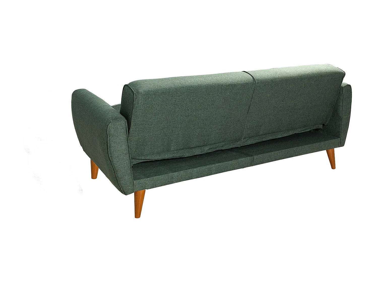 Canapé lit 3 places tissu lin vert et pieds bois naturel Shekal 210cm