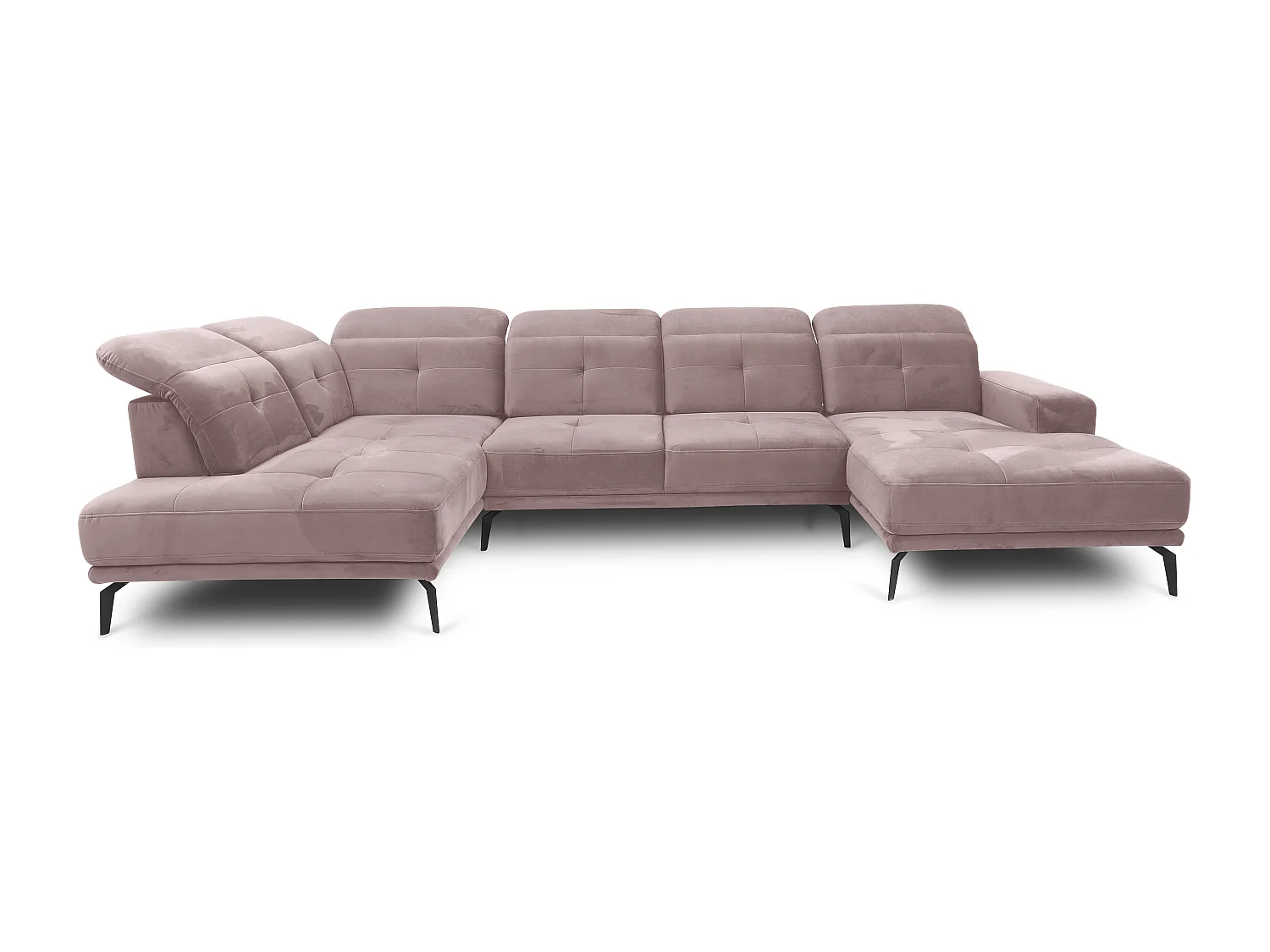 Moderne panoramische bank roze fluwelen bezem hoofdsteunen links hoek Versus 350 cm