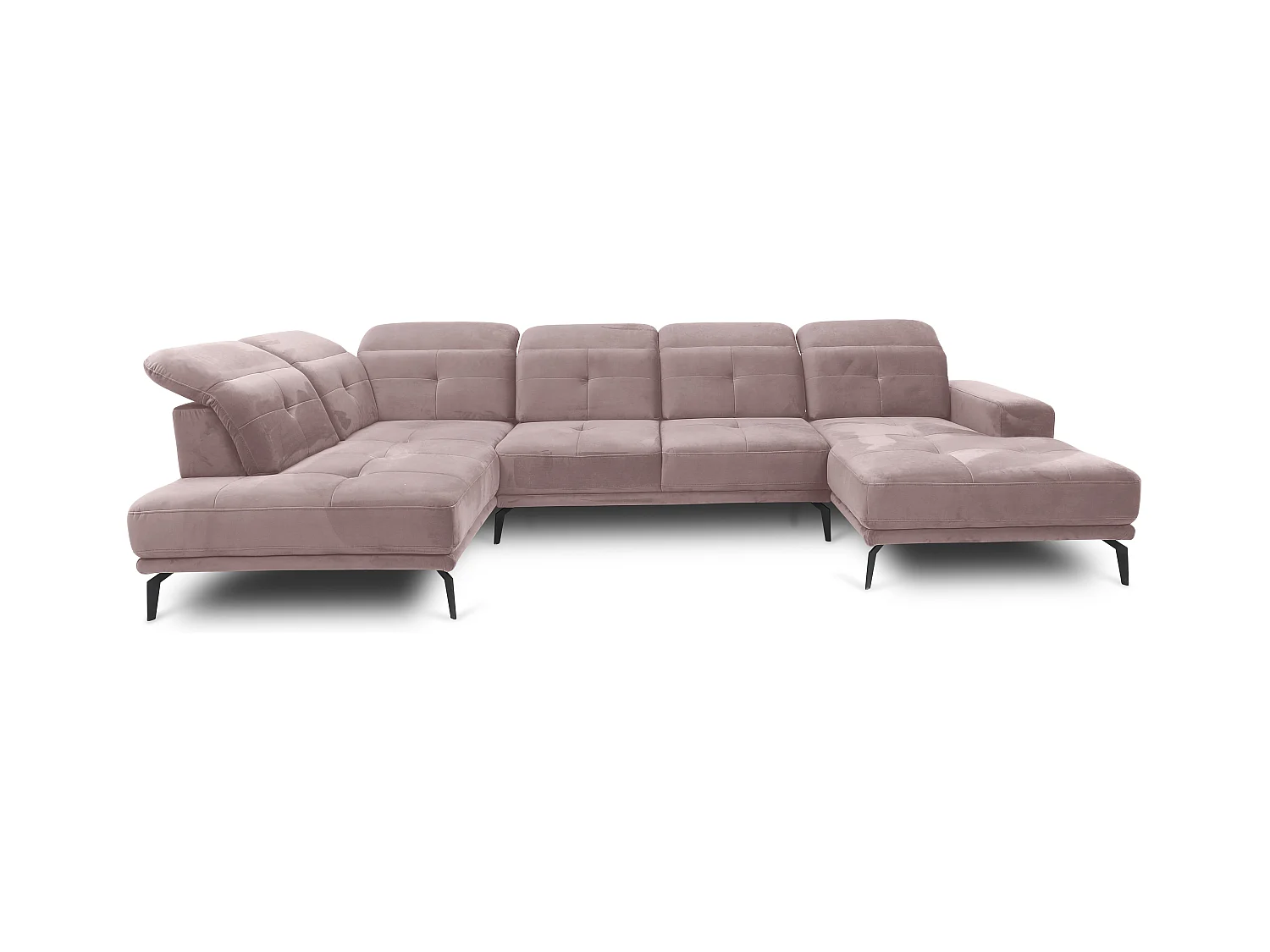 Canapé panoramique moderne velours rose balais têtières angle gauche Versus 350cm