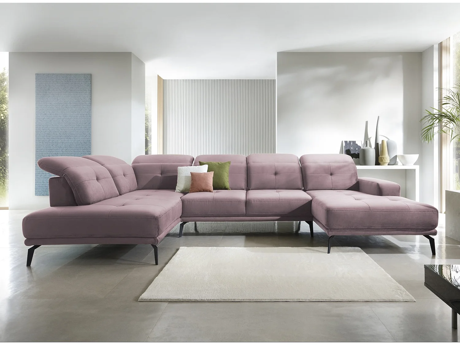 Canapé panoramique moderne velours rose balais têtières angle gauche Versus 350cm