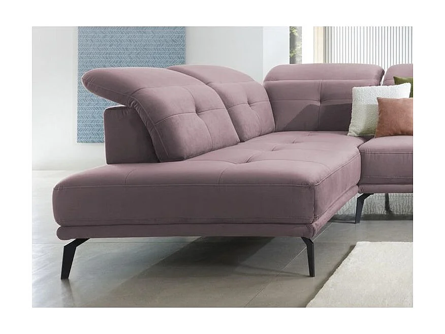 Canapé panoramique moderne velours rose balais têtières angle gauche Versus 350cm