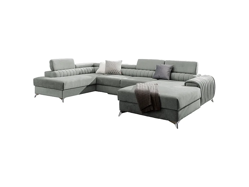 Canapé d'angle U tissu vert d'eau coffre de rangement à droite Kalante 347cm