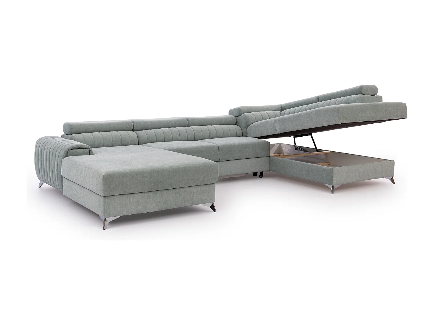 Canapé d'angle U tissu vert d'eau coffre de rangement à droite Kalante 347cm