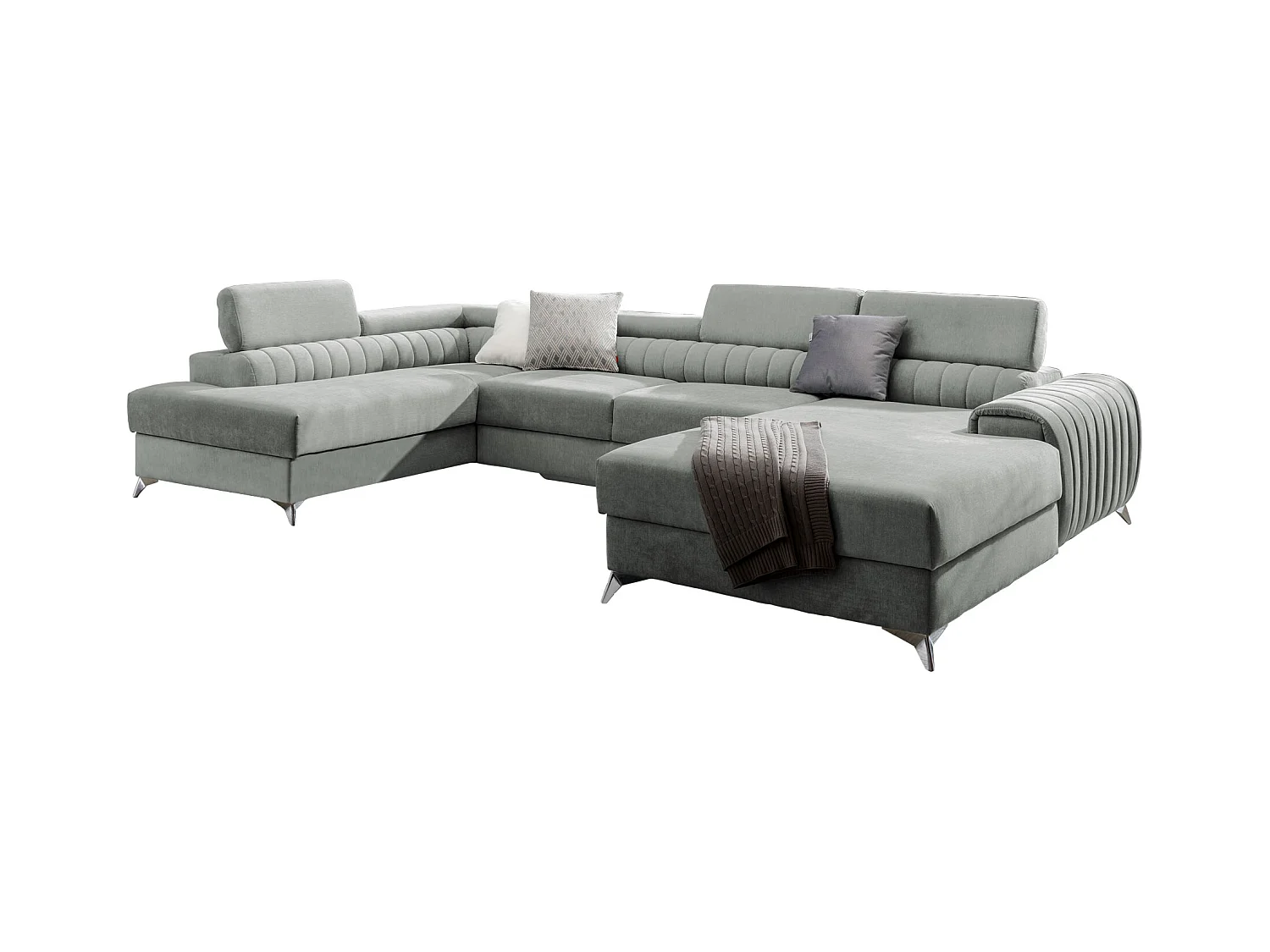 Canapé d'angle U tissu vert d'eau coffre de rangement à droite Kalante 347cm