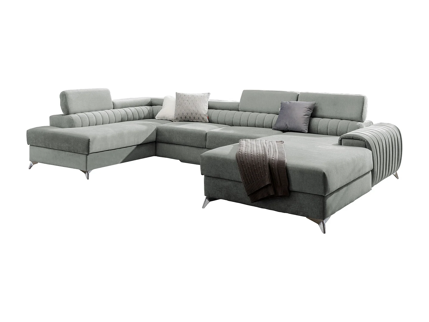 Canapé d'angle U tissu vert d'eau coffre de rangement à droite Kalante 347cm