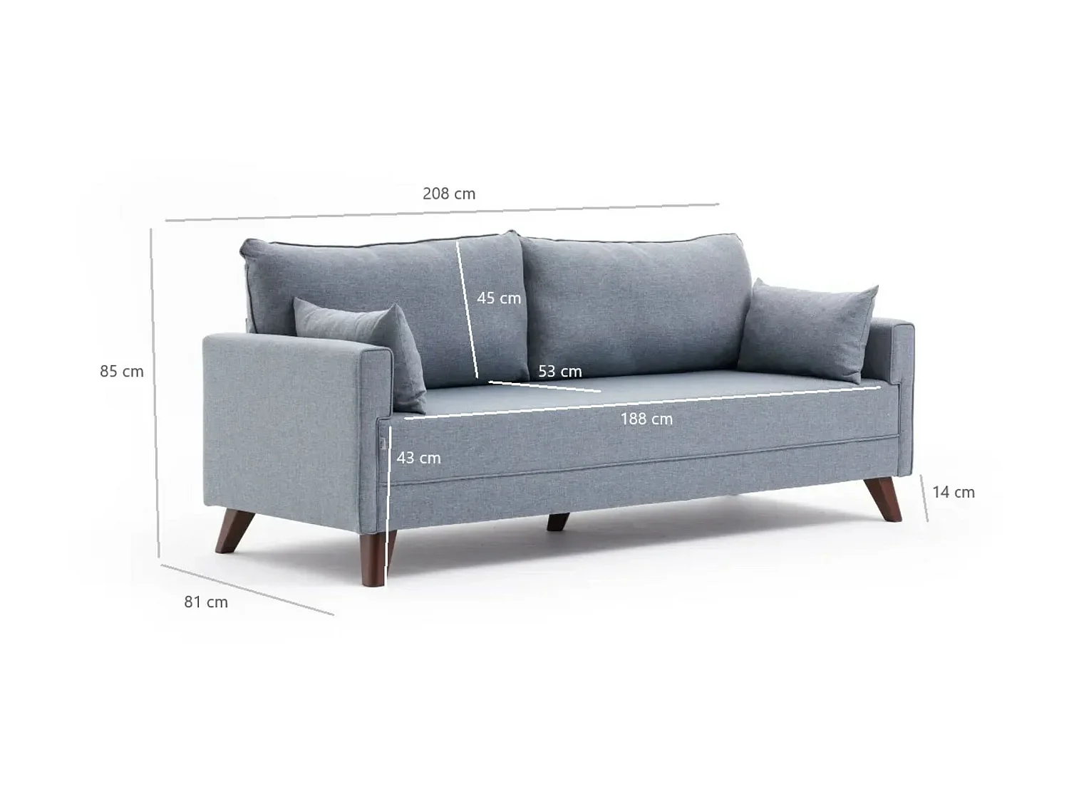 Canapé 3 places tissu bleu Davoz 208cm