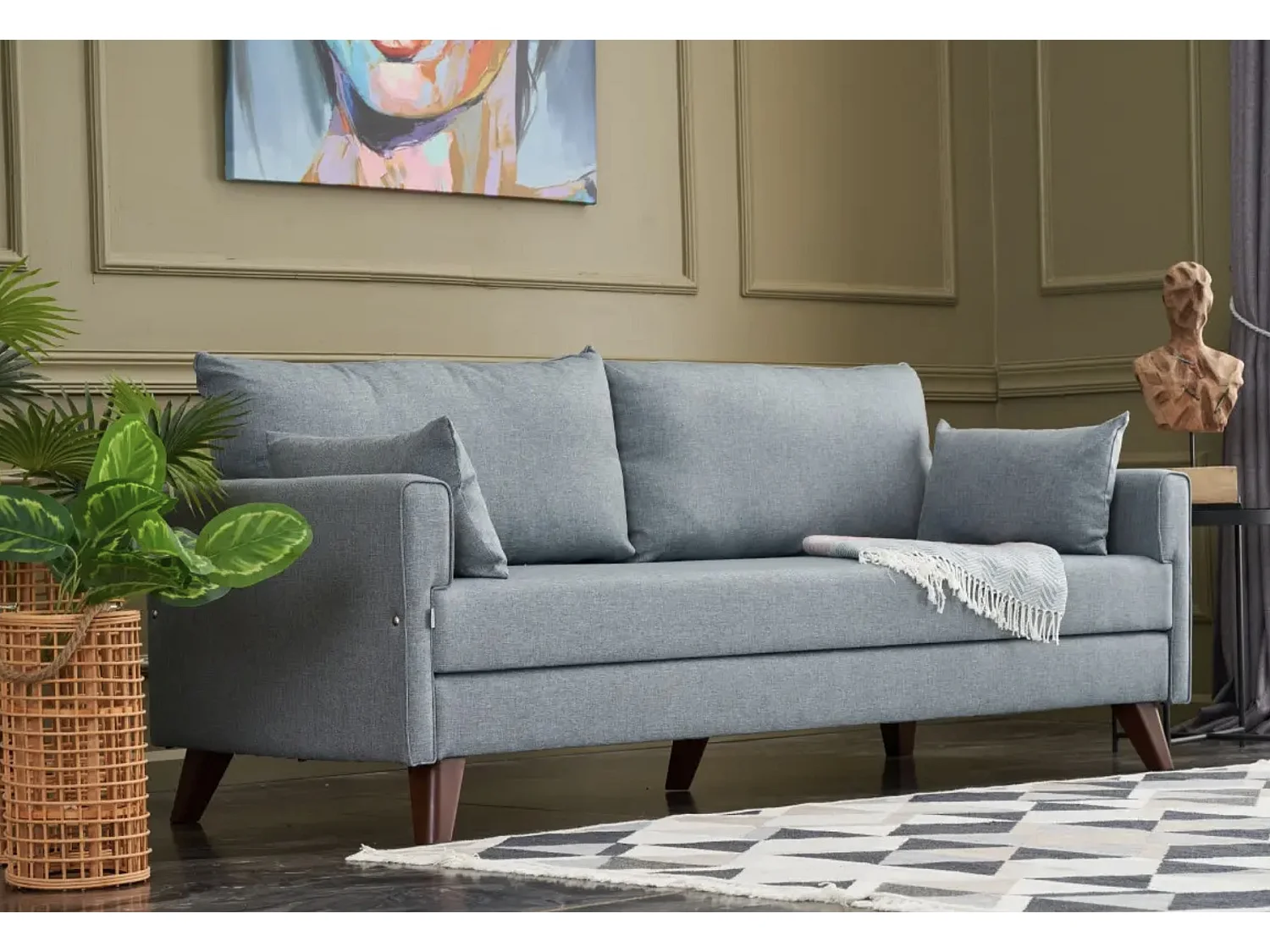 Canapé 3 places tissu bleu Davoz 208cm