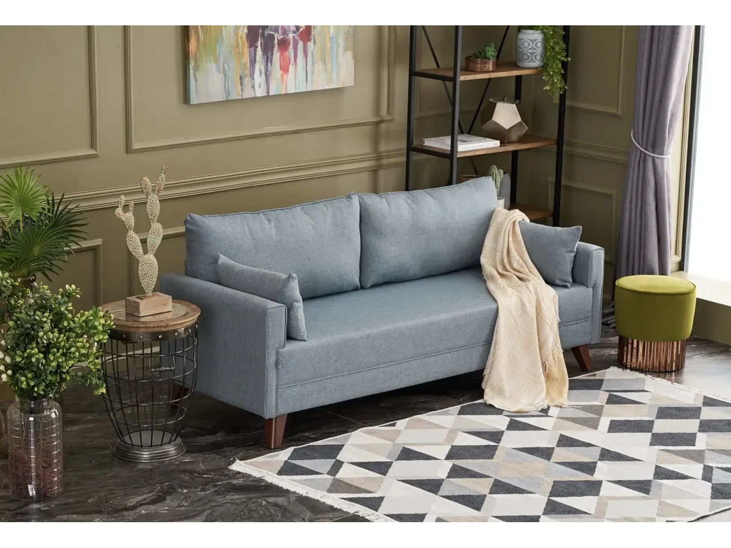 Canapé 3 places tissu bleu Davoz 208cm