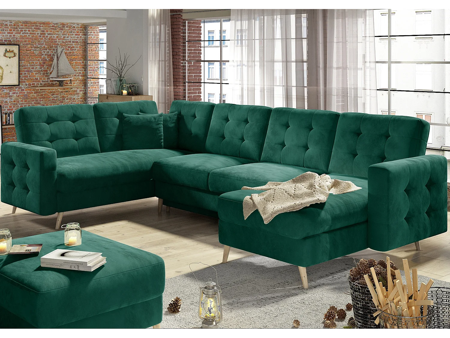 Canapé panoramique convertible capitonné velours vert foncé Anska 320cm