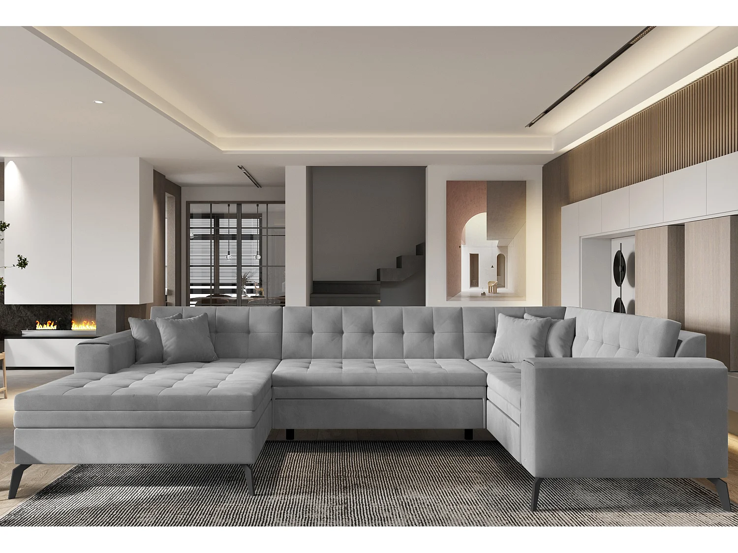 Canapé panoramique convertible gauche tissu doux brillant gris matelassé Bonty 340cm