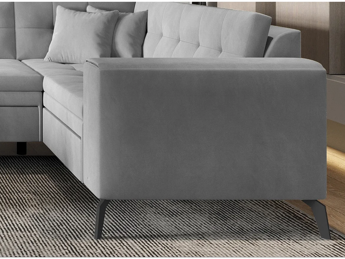 Canapé panoramique convertible gauche tissu doux brillant gris matelassé Bonty 340cm