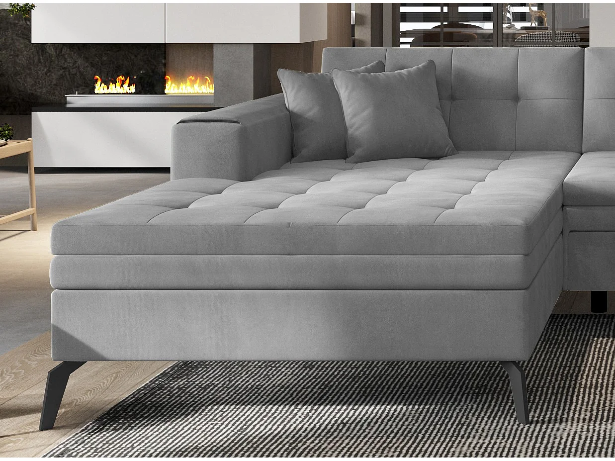 Canapé panoramique convertible gauche tissu doux brillant gris matelassé Bonty 340cm