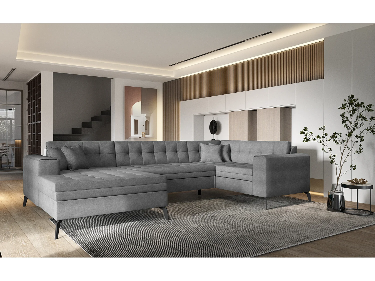 Canapé panoramique convertible gauche tissu doux brillant gris matelassé Bonty 340cm