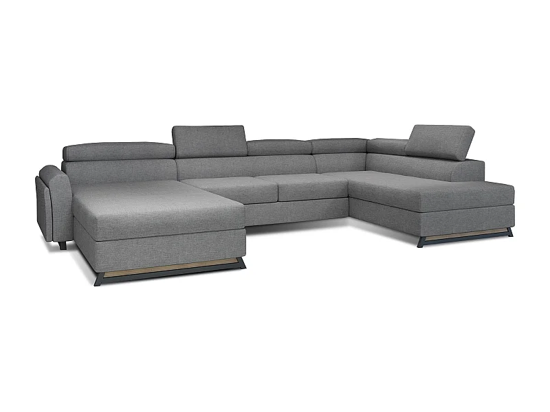 Grand canapé panoramique convertible tissu gris clair avec coffre Konba 370cm-Coffre de rangement à droite