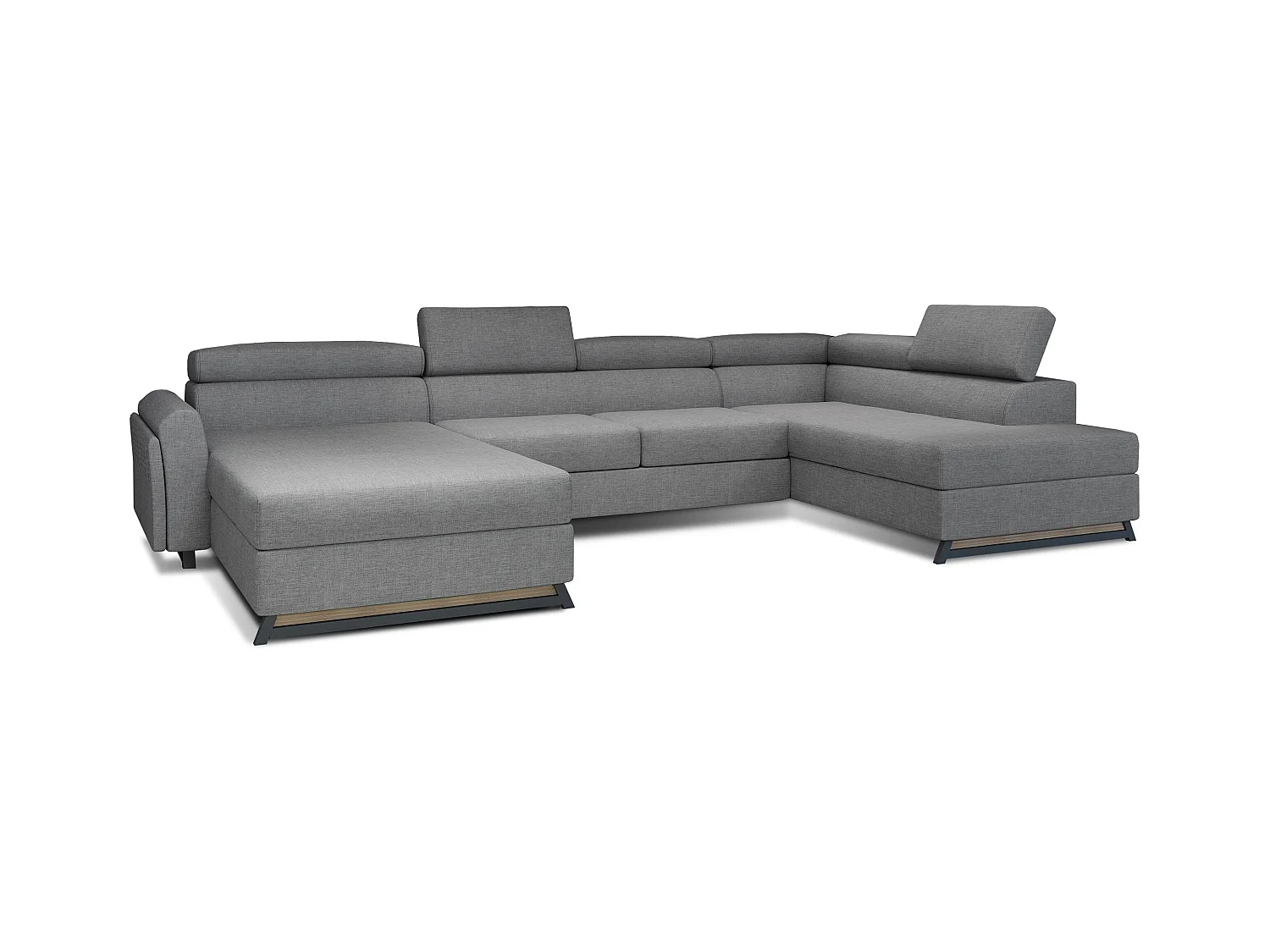 Grand canapé panoramique convertible tissu gris clair avec coffre Konba 370cm-Coffre de rangement à droite