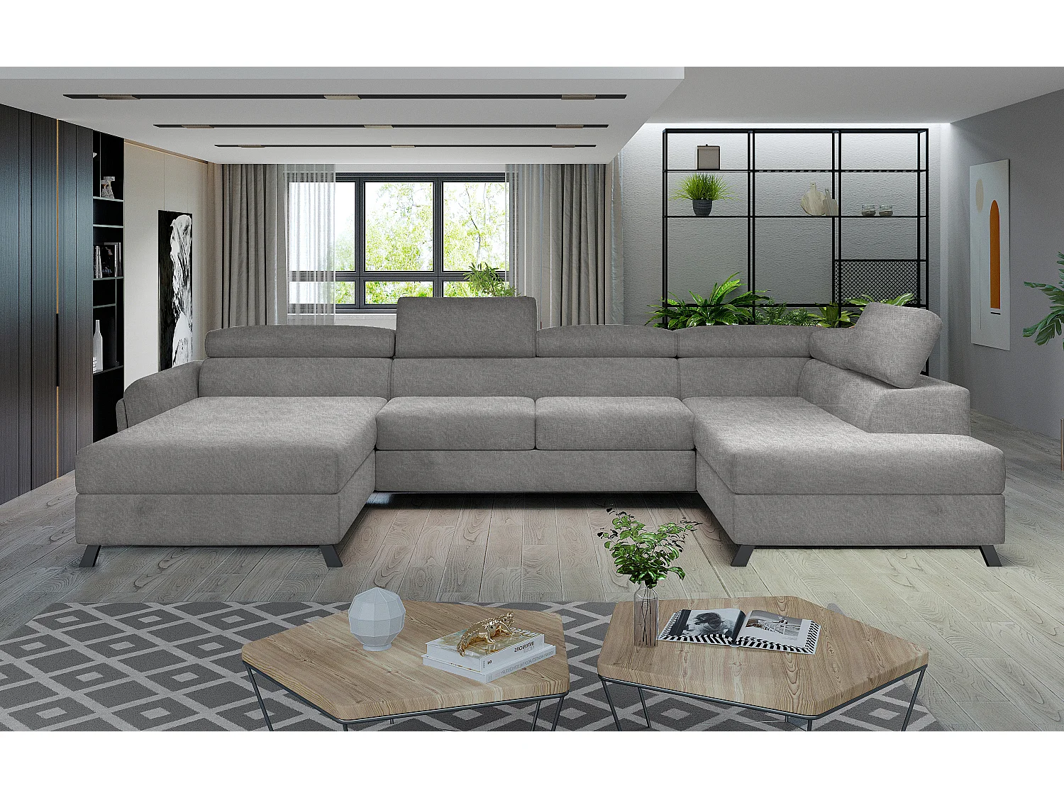 Grand canapé panoramique convertible tissu gris clair avec coffre Konba 370cm-Coffre de rangement à droite