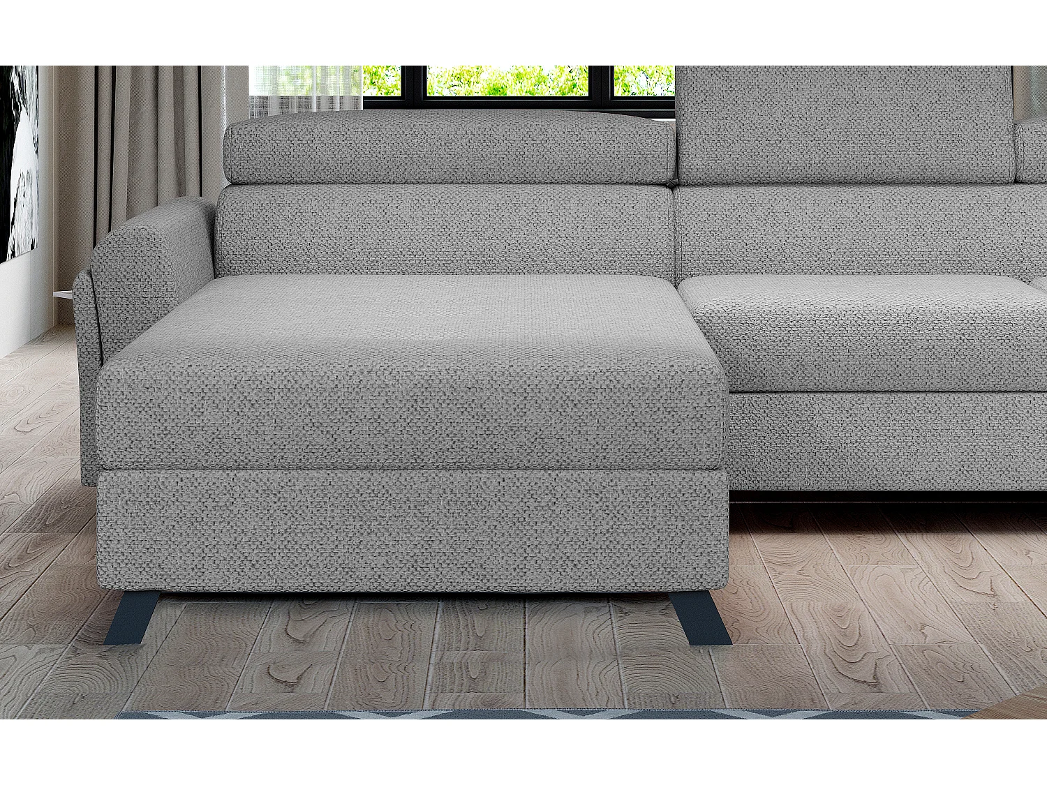 Grand canapé panoramique convertible tissu gris clair avec coffre Konba 370cm-Coffre de rangement à droite