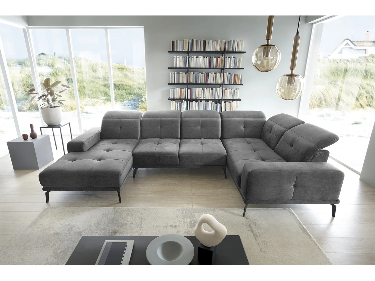 Canapé panoramique design tissu gris foncé têtières angle droit avec accoudoir Stan 350cm