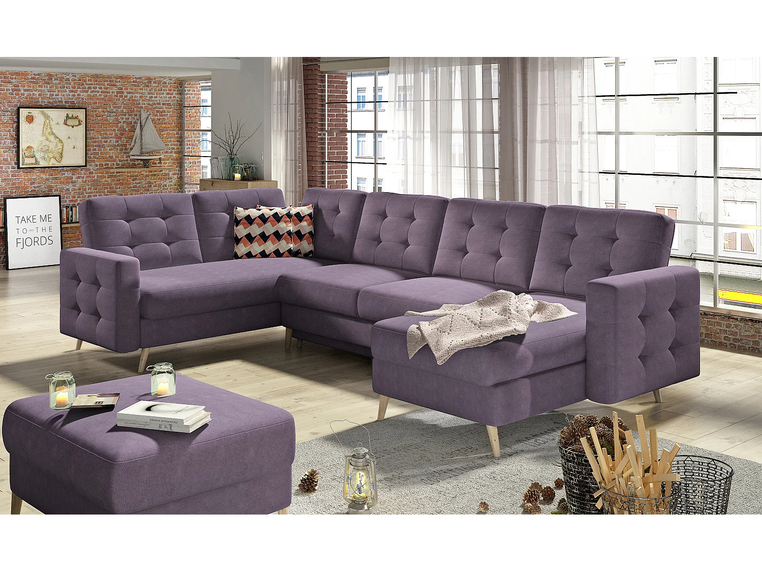 Canapé panoramique convertible ANSKA en tissu - Pieds bois naturel-Parme