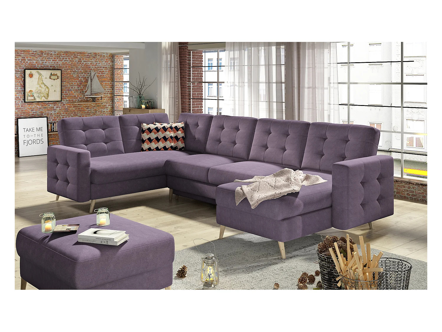 Canapé panoramique convertible ANSKA en tissu - Pieds bois naturel-Parme