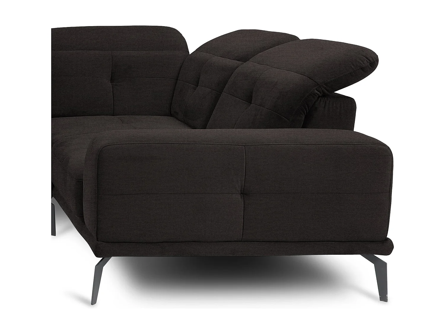 Panoramische designbank in bruine stof rechte hoek hoofdsteunen met armleuning Stan 350 cm