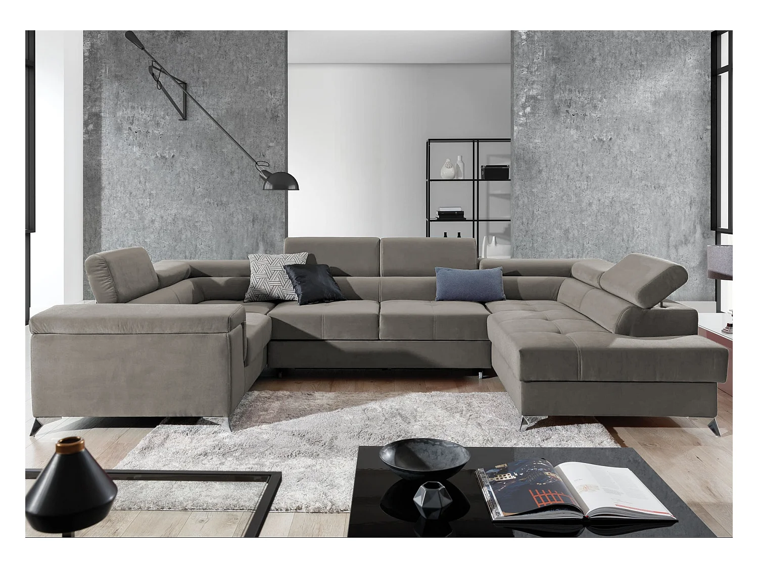 Canapé panoramique convertible velours beige taupe avec coffre de rangement Triano 342cm-Coffre de rangement à droite