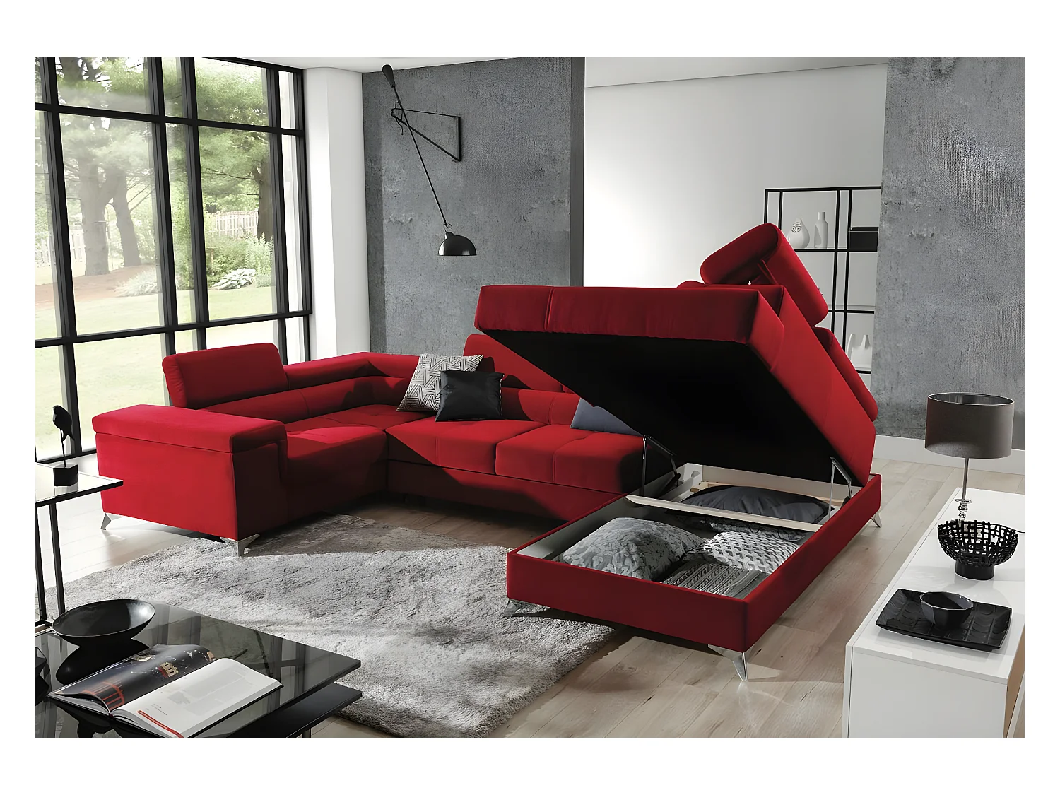 Canapé panoramique convertible velours beige taupe avec coffre de rangement Triano 342cm-Coffre de rangement à droite