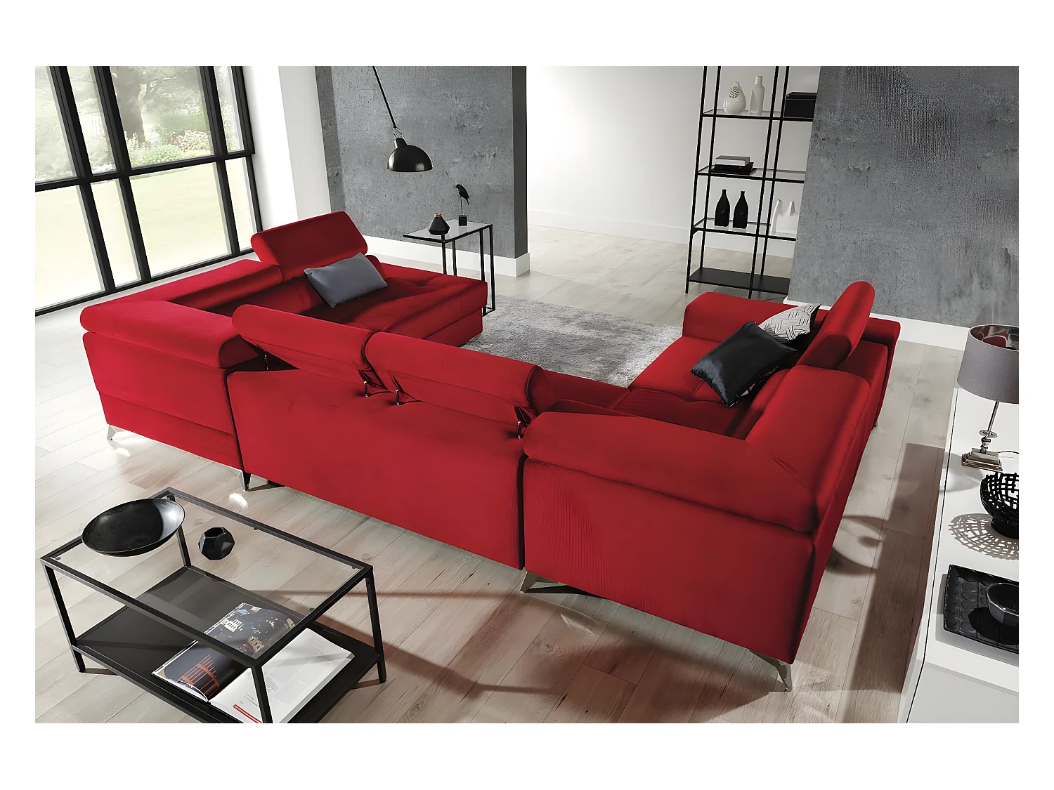 Canapé panoramique convertible velours beige taupe avec coffre de rangement Triano 342cm-Coffre de rangement à droite