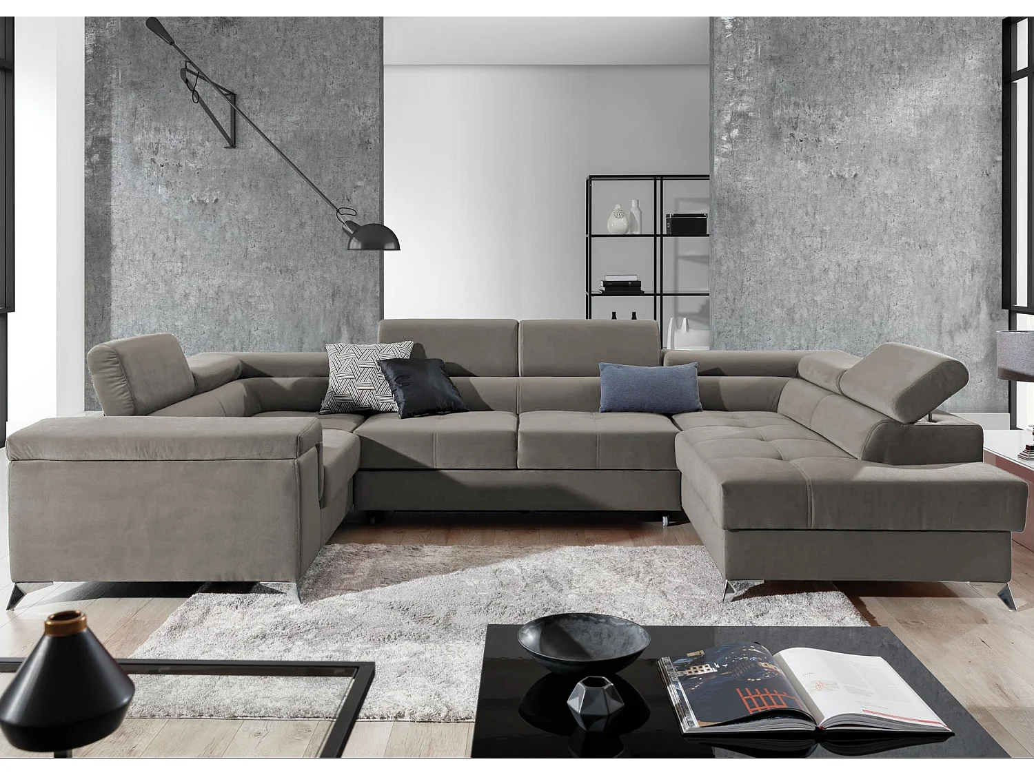 Canapé panoramique convertible velours beige taupe avec coffre de rangement Triano 342cm-Coffre de rangement à droite