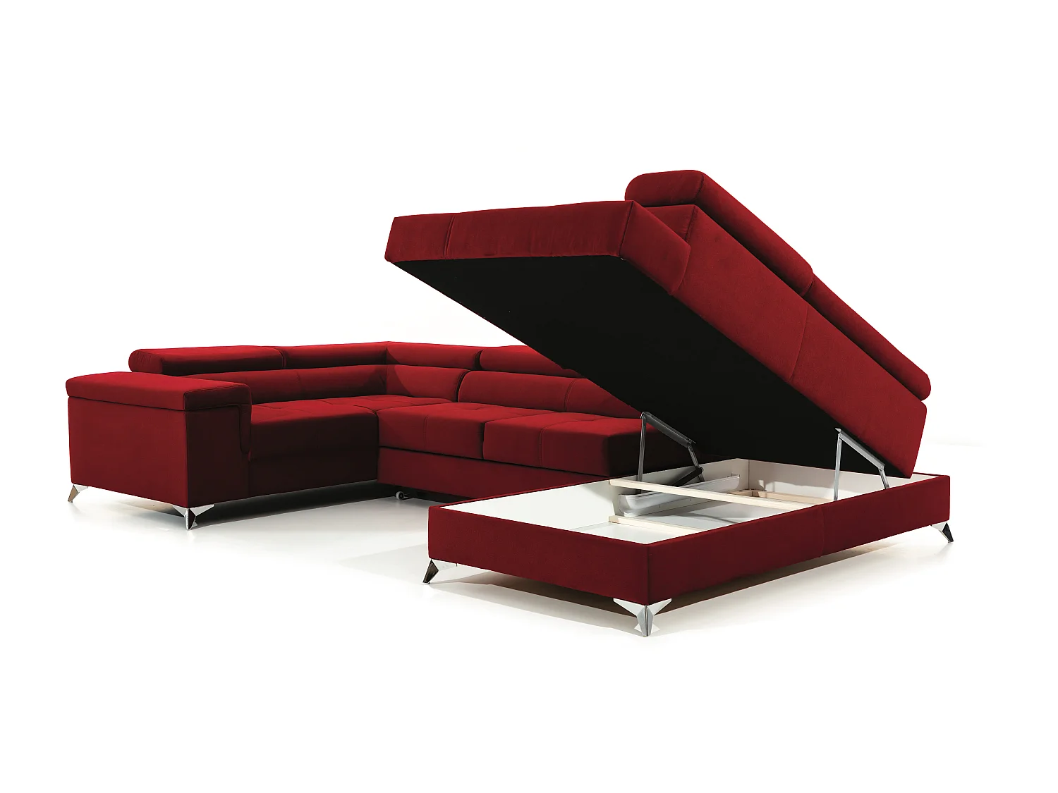 Canapé panoramique convertible velours beige taupe avec coffre de rangement Triano 342cm-Coffre de rangement à droite