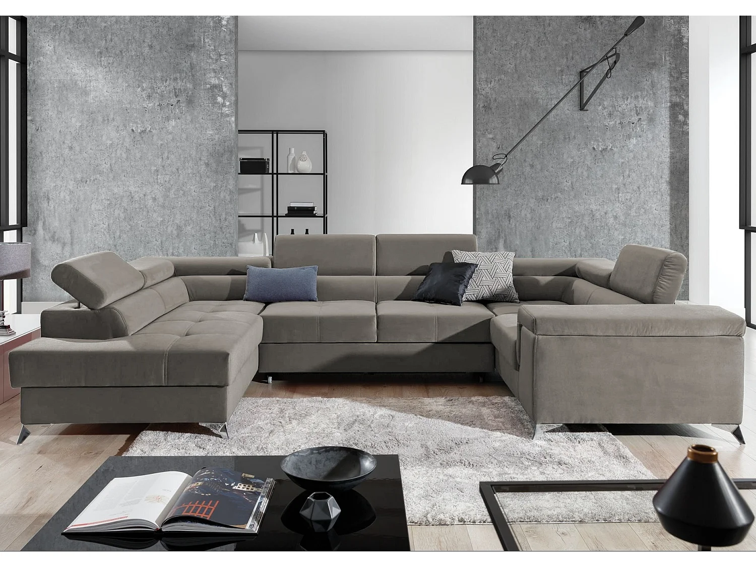 Canapé panoramique convertible TRIANO velours - têtières réglables-Beige foncé-Coffre à droite