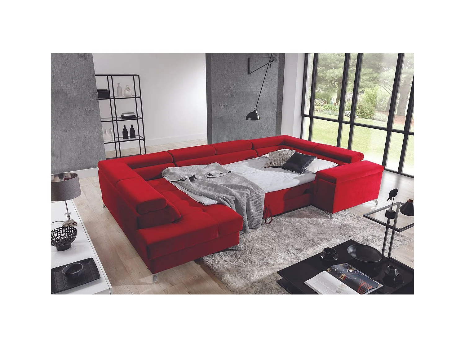 Canapé panoramique convertible TRIANO velours - têtières réglables-Beige foncé-Coffre à droite