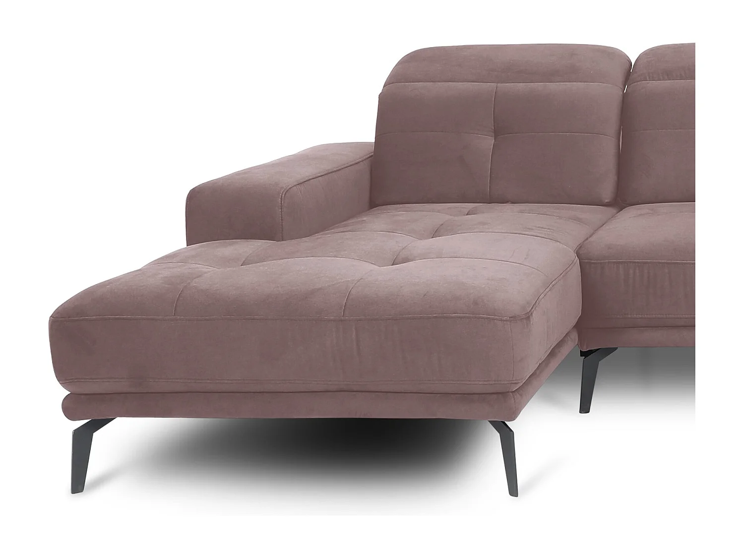 Panoramische designbank in roze fluweel met hoofdsteunen haaks met armleuning Stan 350 cm