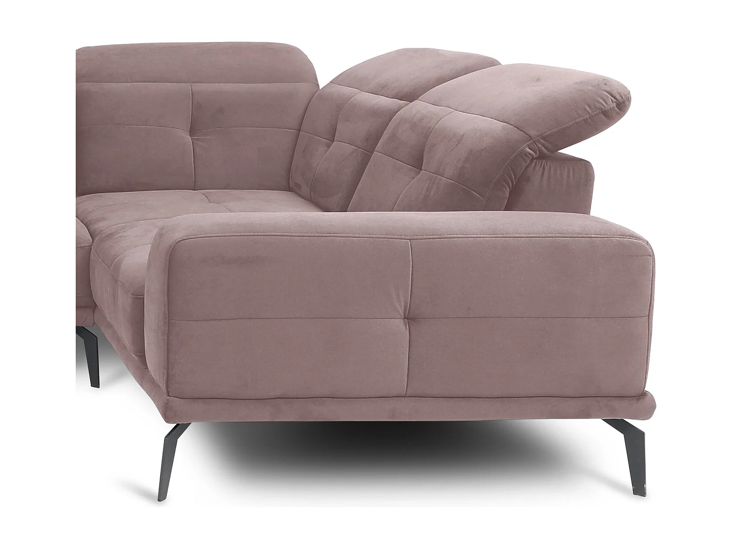 Canapé panoramique design velours rose balais têtières angle droit avec accoudoir Stan 350cm