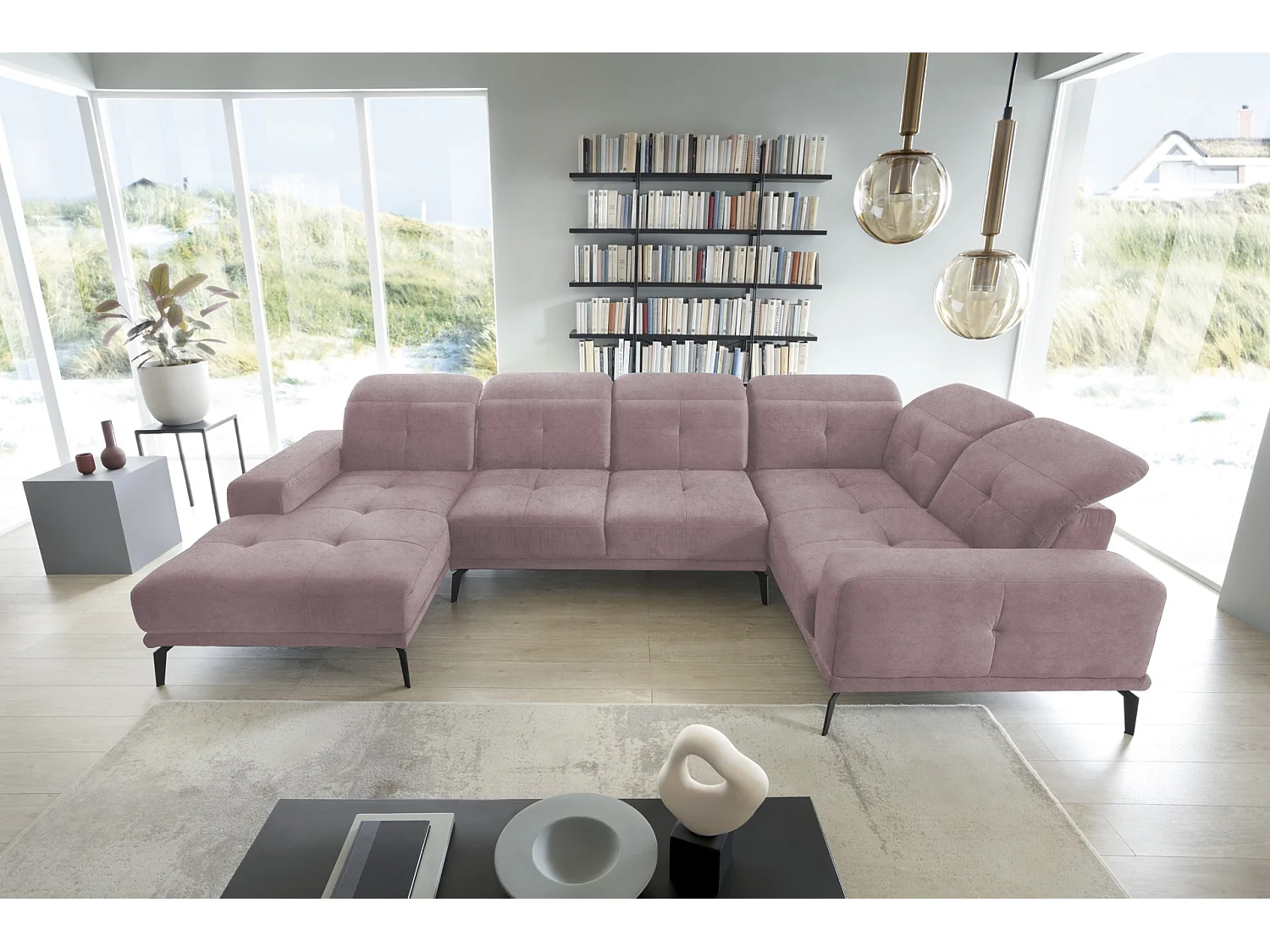 Canapé panoramique design velours rose balais têtières angle droit avec accoudoir Stan 350cm