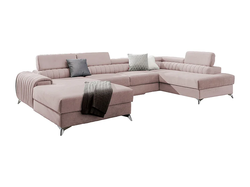 Canapé d'angle U tissu rose clair coffre de rangement à droite Kalante 347cm