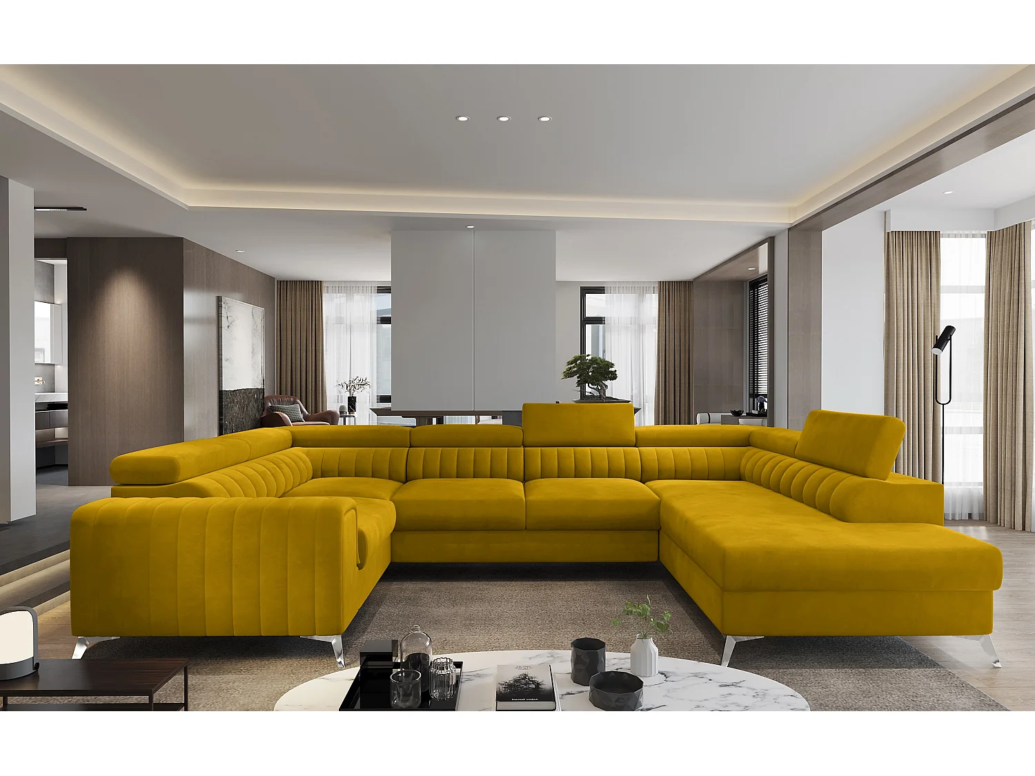 Canapé panoramique convertible velours jaune avec coffre de rangement Louve 340cm-Coffre de rangement à droite