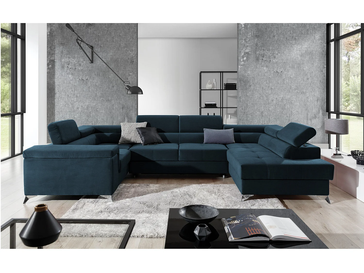 Canapé panoramique convertible velours bleu pétrole avec coffre de rangement Triano 342cm-Coffre de rangement à droite