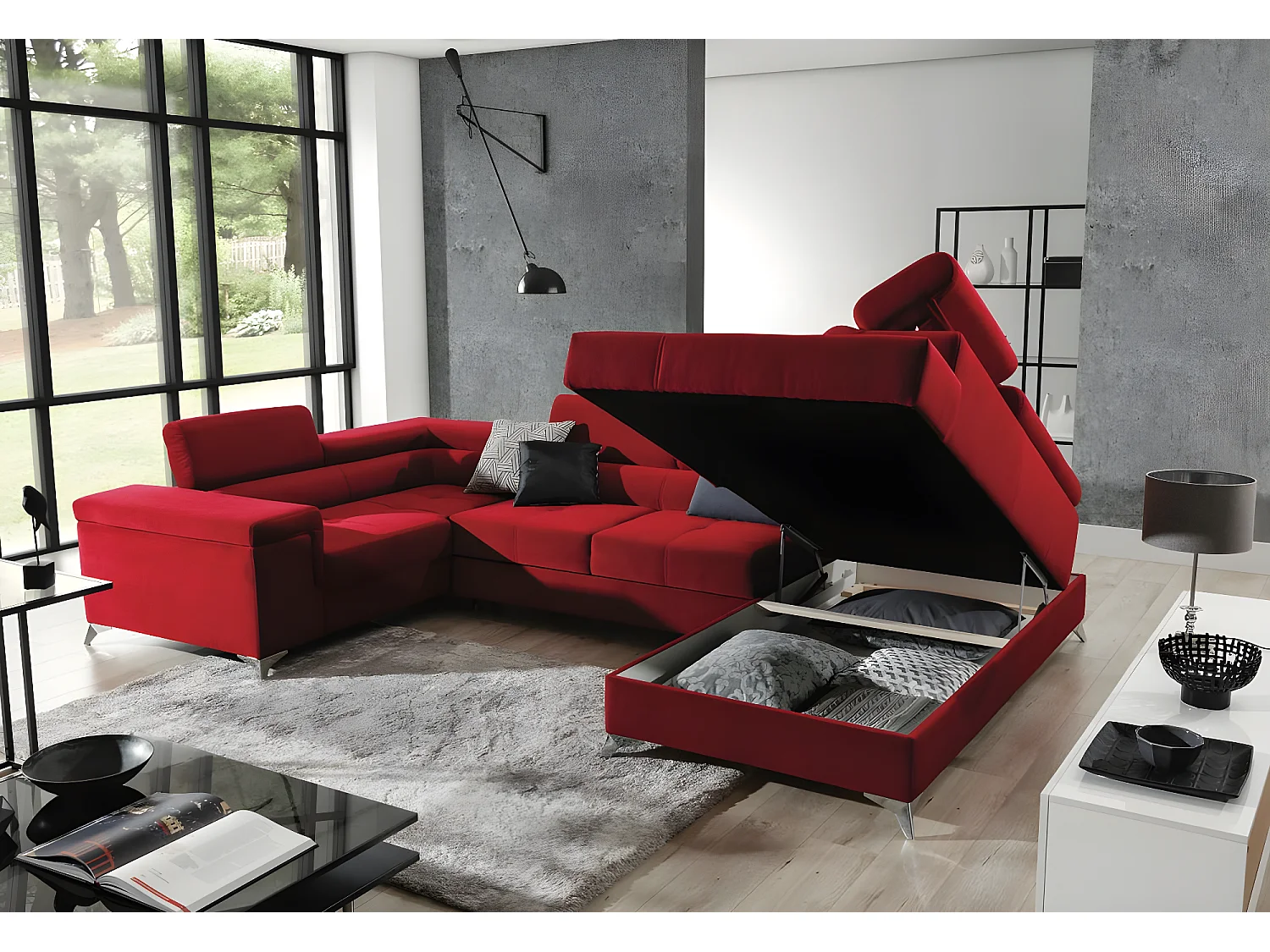 Canapé panoramique convertible velours bleu pétrole avec coffre de rangement Triano 342cm-Coffre de rangement à droite