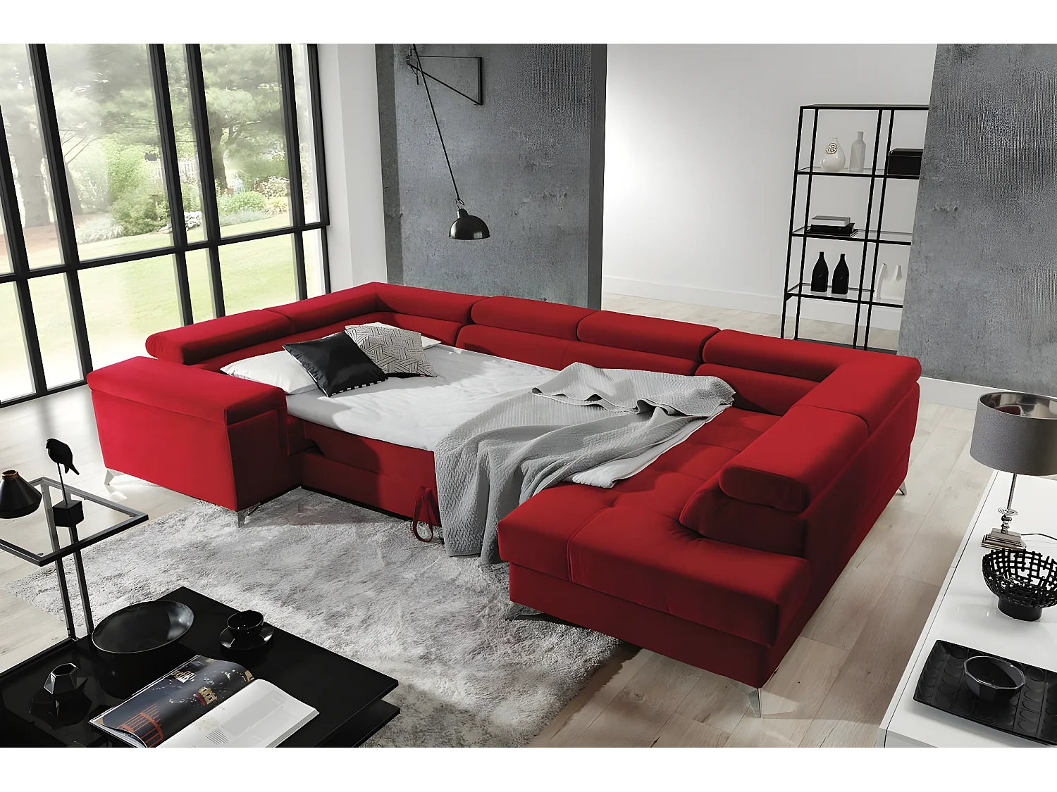 Canapé panoramique convertible velours bleu pétrole avec coffre de rangement Triano 342cm-Coffre de rangement à droite