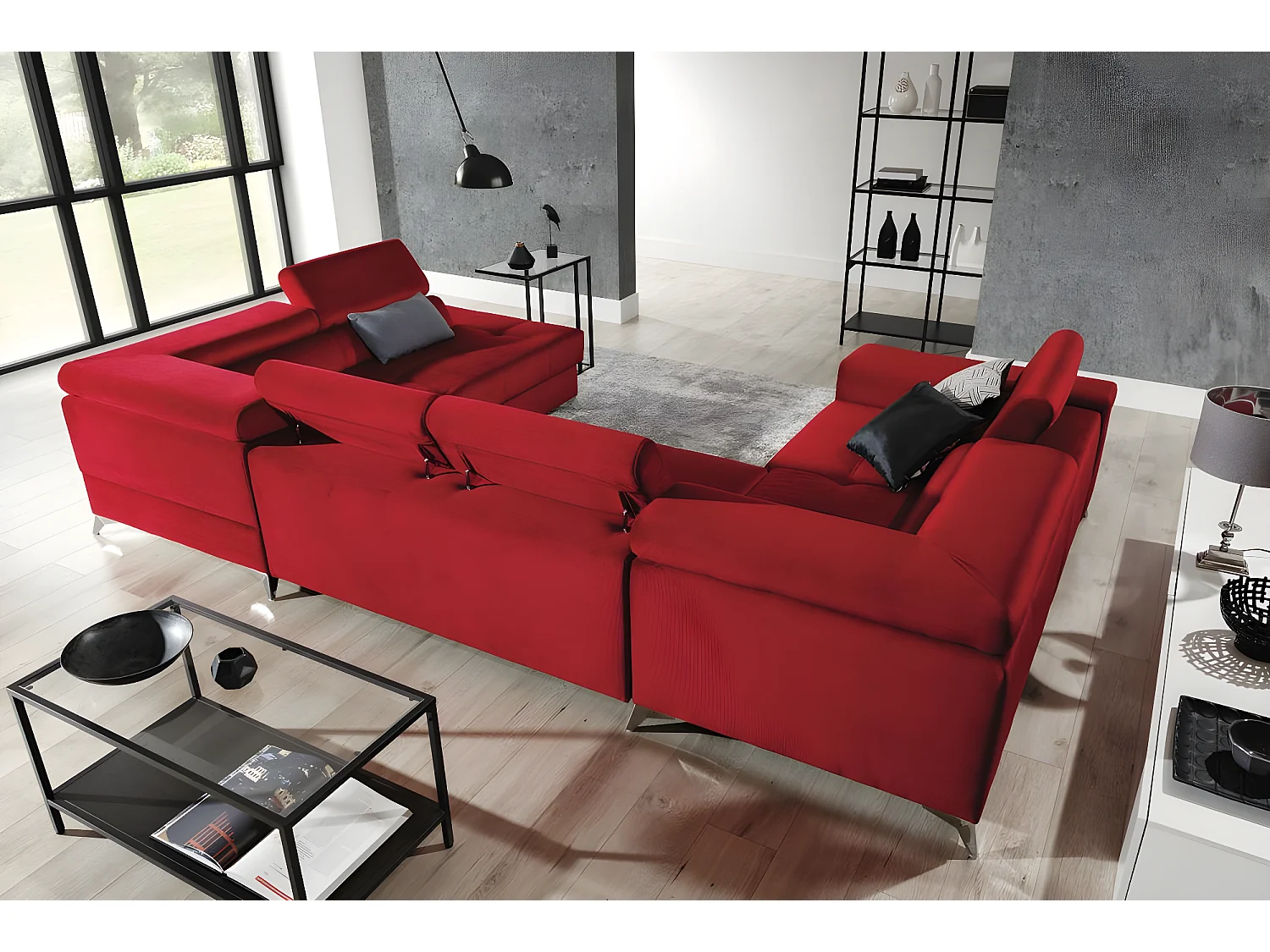 Canapé panoramique convertible velours bleu pétrole avec coffre de rangement Triano 342cm-Coffre de rangement à droite