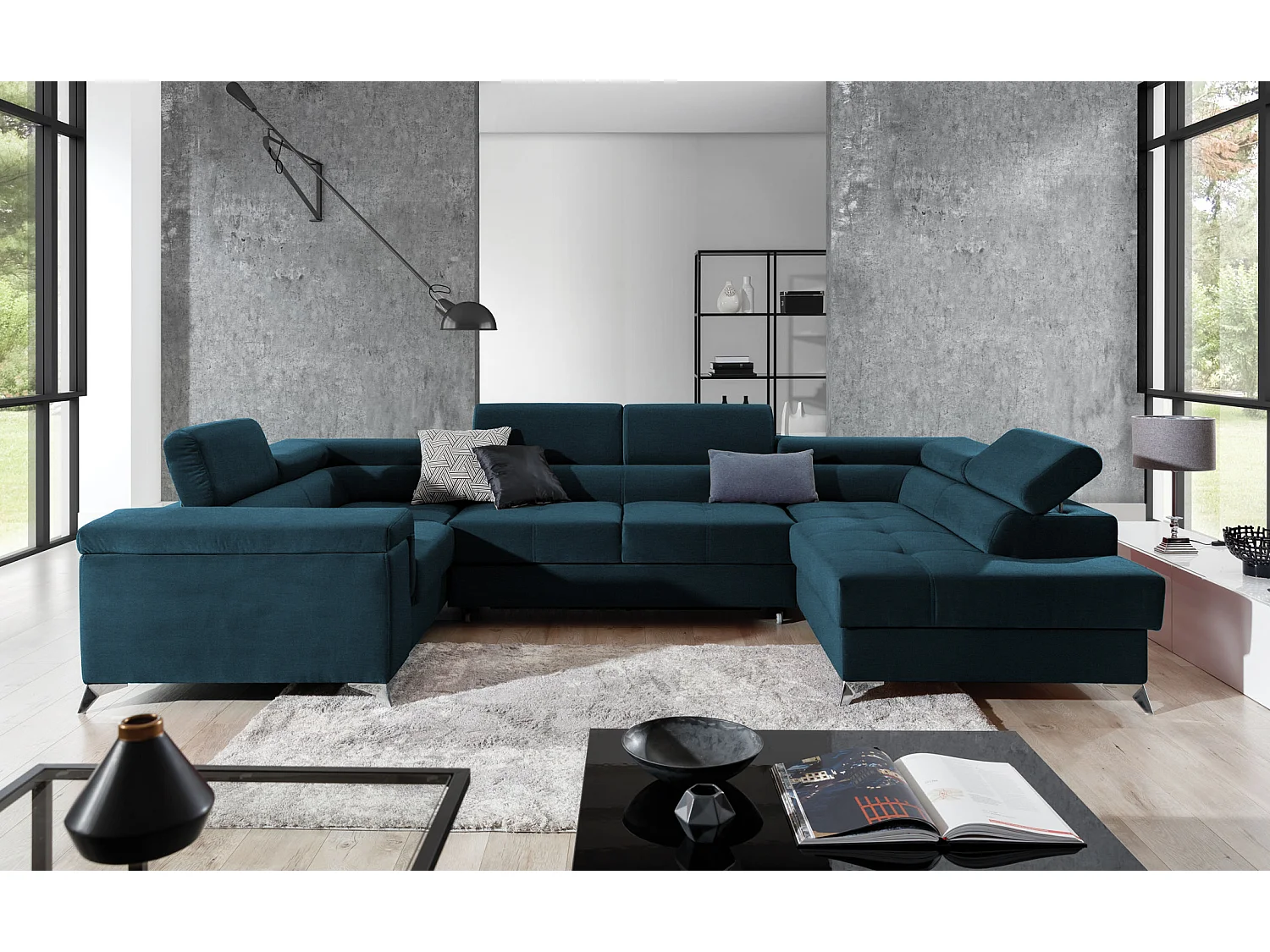 Sofá panorámico convertible TRIANO en terciopelo, con almacenaje y reposacabezas ajustables-Azul oscuro-Caja Lado derecho