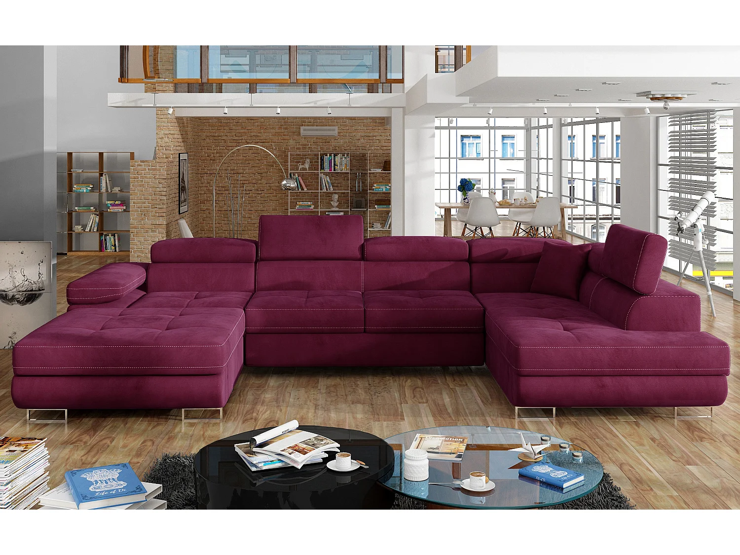 Canapé panoramique velours bordeaux convertible avec coffre de rangement Romano 345cm-Coffre de rangement à droite