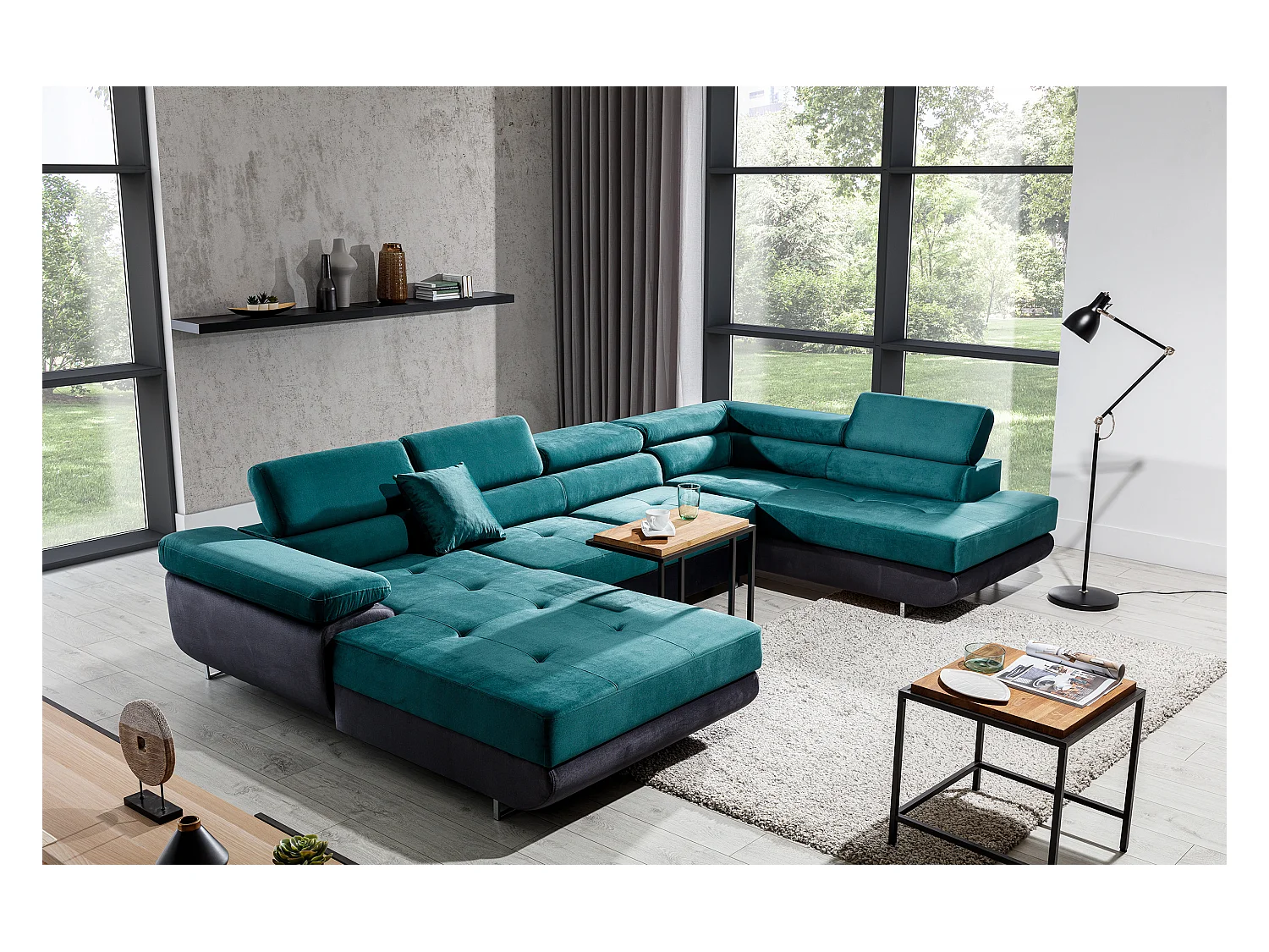 Canapé panoramique velours bordeaux convertible avec coffre de rangement Romano 345cm-Coffre de rangement à droite