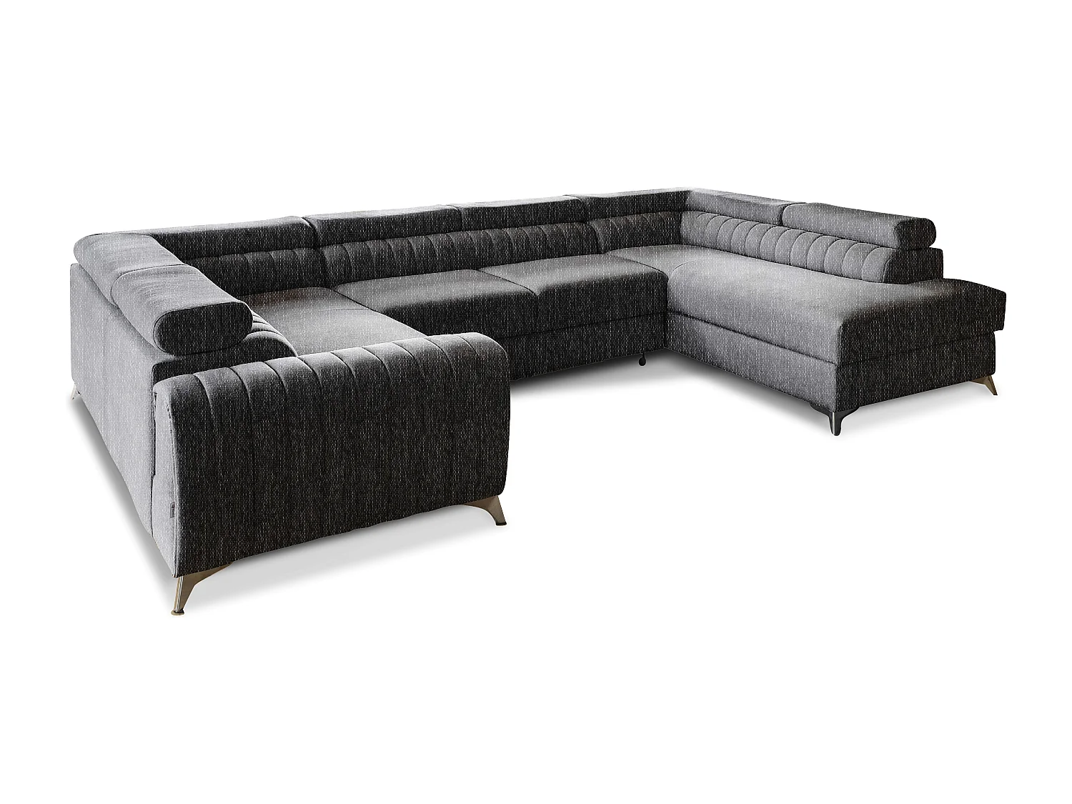 Canapé panoramique convertible LOUVE tissu - Rangement et têtières réglables-Gris vintage-Coffre de rangement à droite