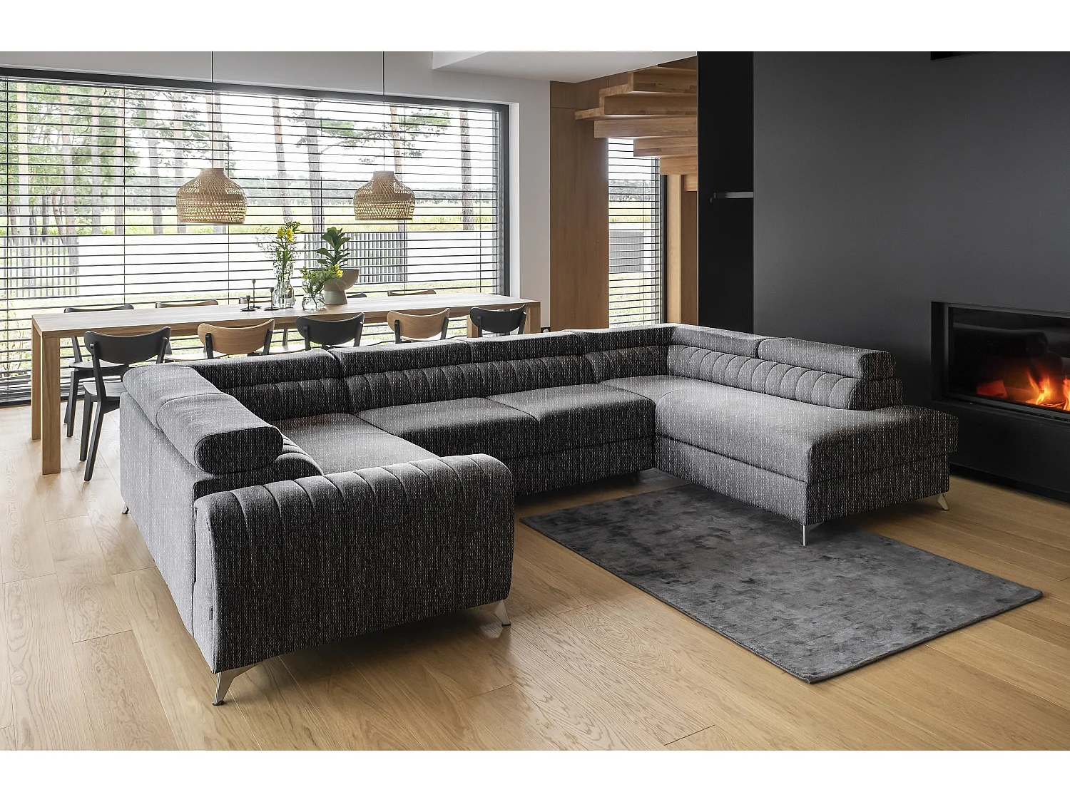 Canapé panoramique convertible LOUVE tissu - Rangement et têtières réglables-Gris vintage-Coffre de rangement à droite