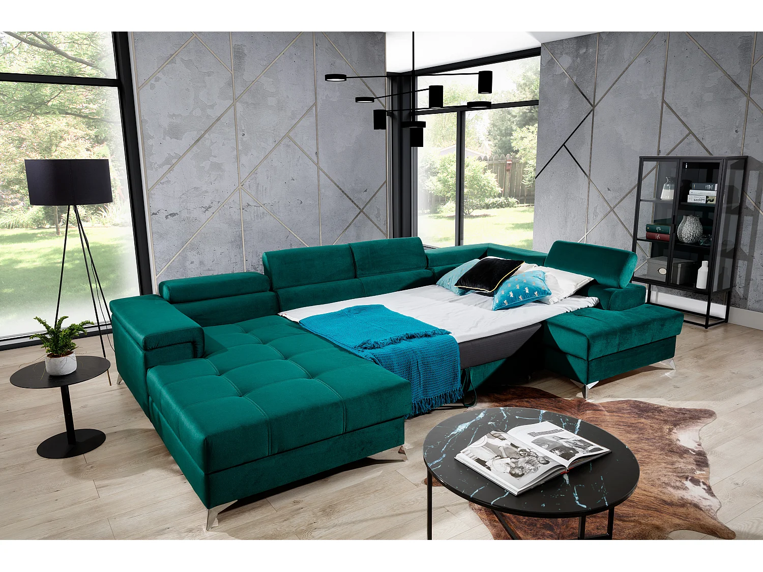 Canapé panoramique tissu noir coffre de rangement à droite Kutty 345cm