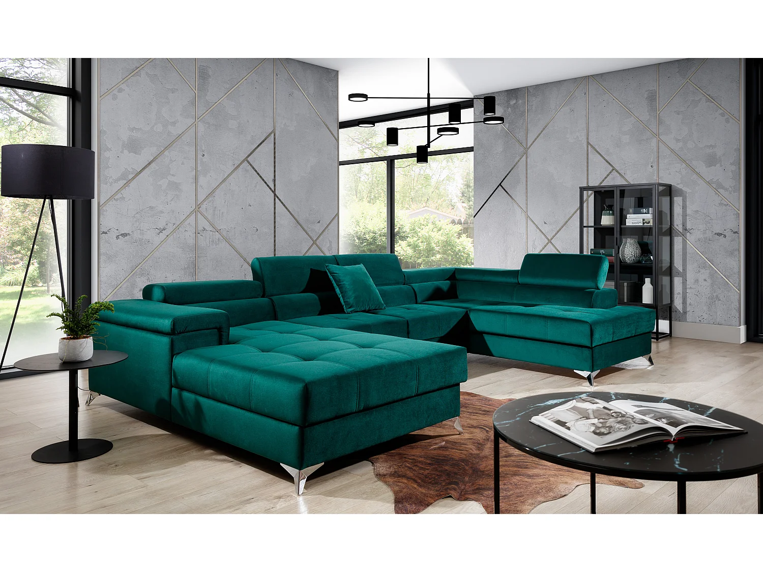 Canapé panoramique tissu noir coffre de rangement à droite Kutty 345cm