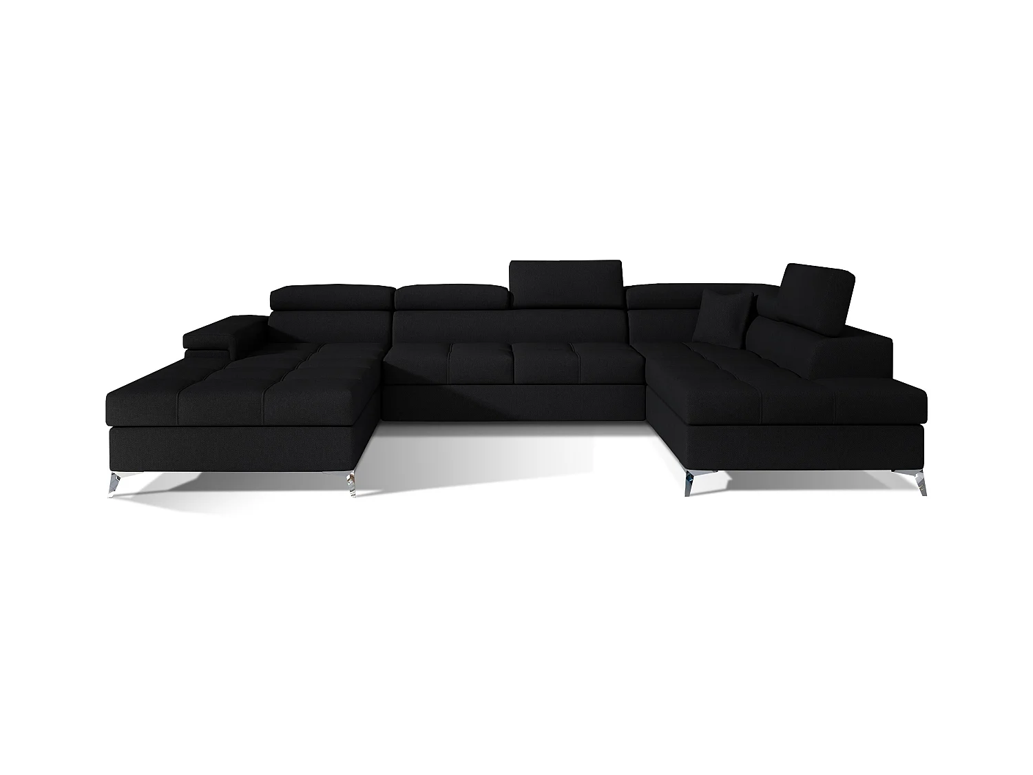 Canapé panoramique tissu noir coffre de rangement à droite Kutty 345cm