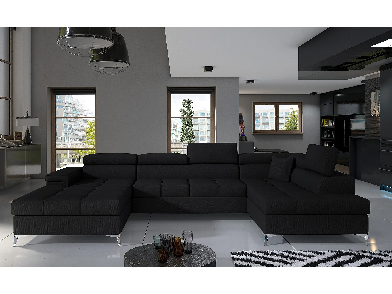 Panoramische bank zwarte stoffen opbergbox rechts Kutty 345 cm